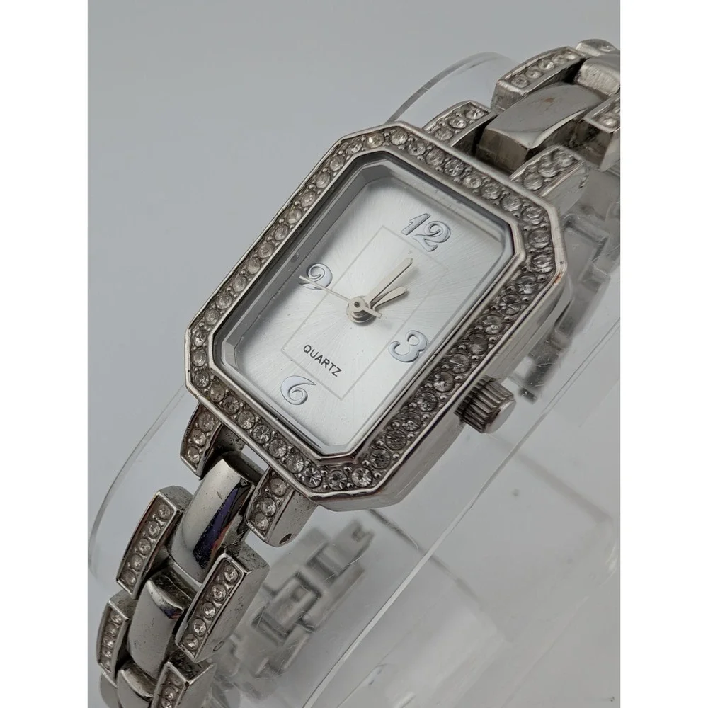 Avon‎ Tank Watch Women Rhinestone Bezel Silver 7.5